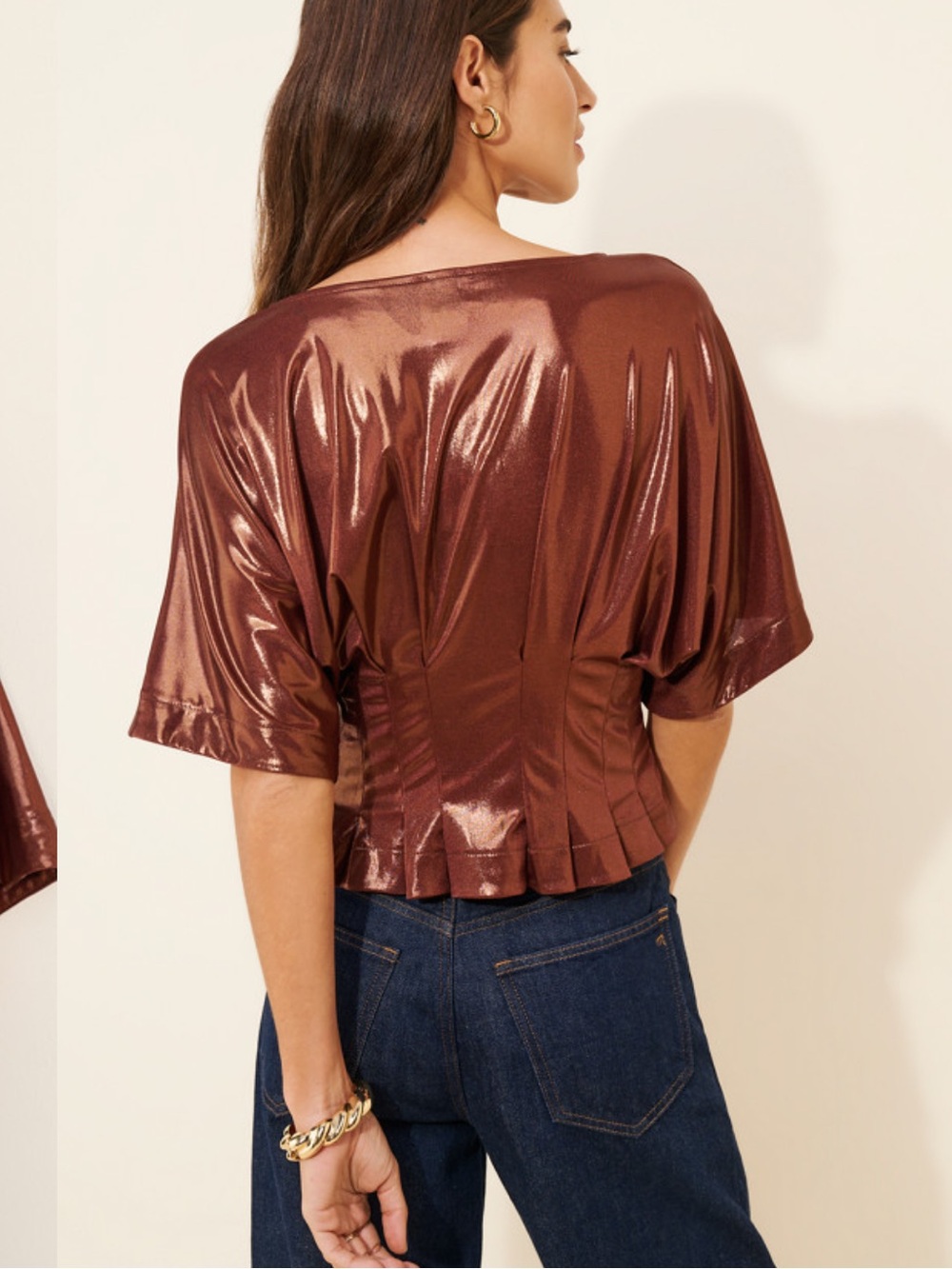 Maeve Shine Pleated Dolman Top in Copper - Picture 2 of 4